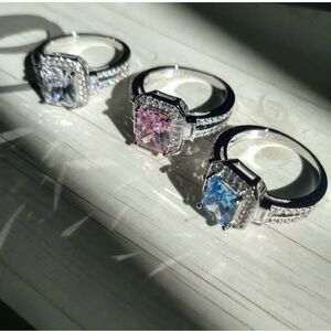 Silver Halo Cocktail Ring with Colored Center Stone - Pink, Blue, Clear